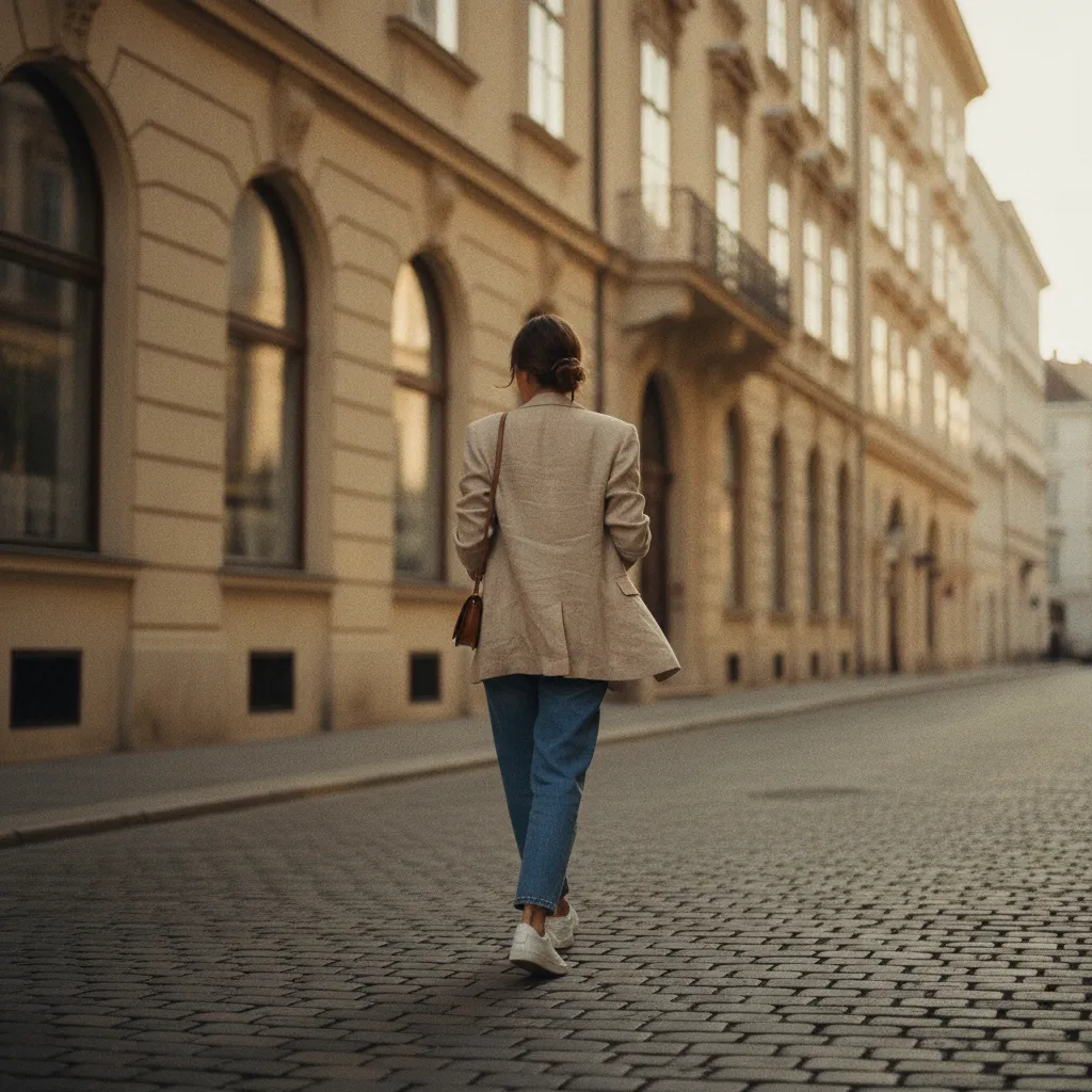 Weiße Sneaker kombiniert mit Jeans und Blazer: ein zeitloser Alltagslook