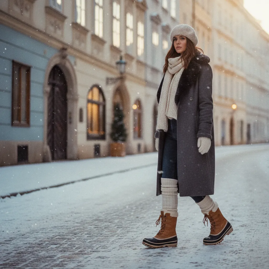 Frau mit Sorel Torino Stiefeln auf einer verschneiten Wiener Altstadtgasse