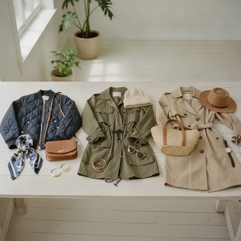 Verschiedene Übergangsjacken-Modelle im Flat-Lay: Steppjacke, Softshell und Trenchcoat