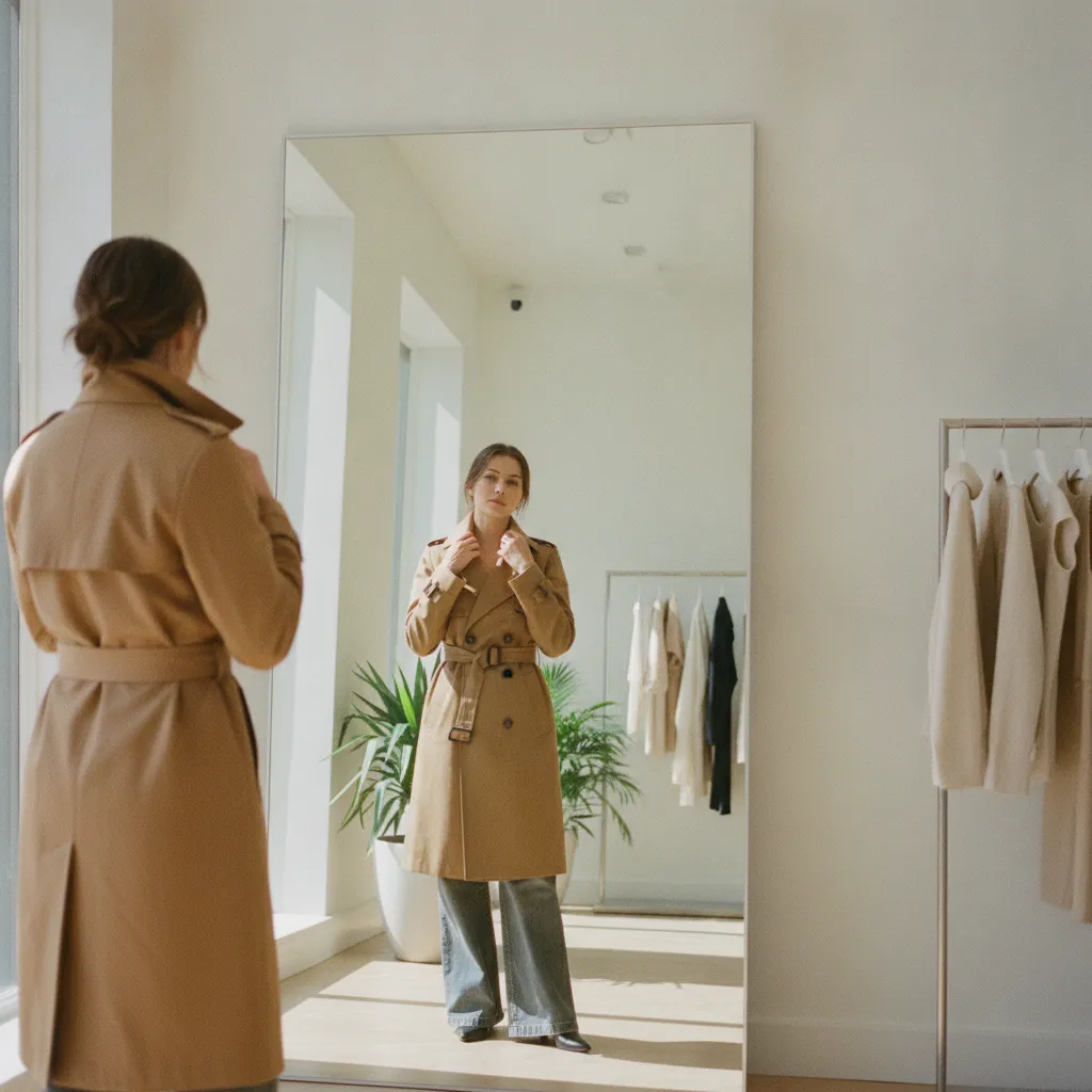 Anprobe einer taillierten Übergangsjacke im Trench-Stil für den eleganten Büro-Look