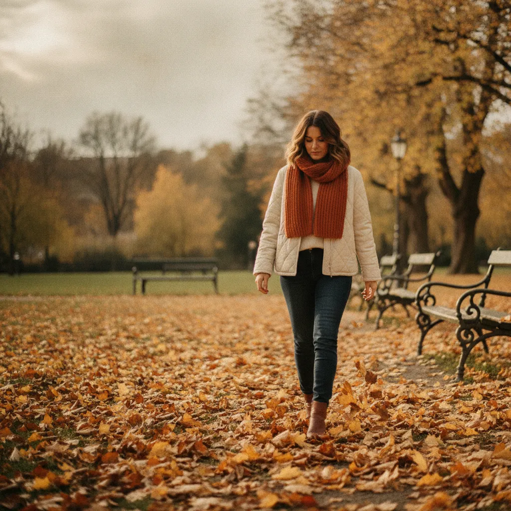 Lightweight-Steppjacke im herbstlichen Alltagslook beim Spaziergang im Park