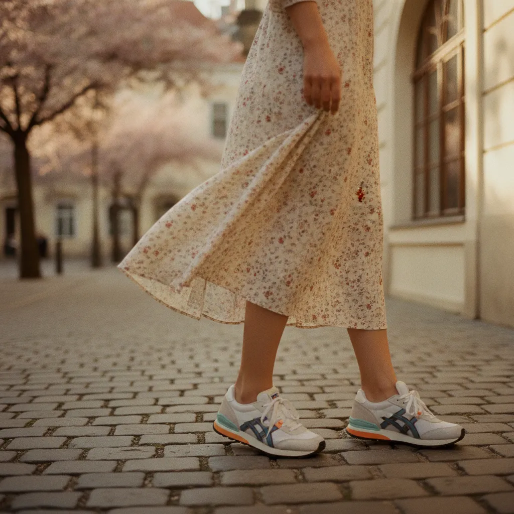 Retro-Runner Sneaker kombiniert mit einem fließenden Midi-Kleid für den Alltag