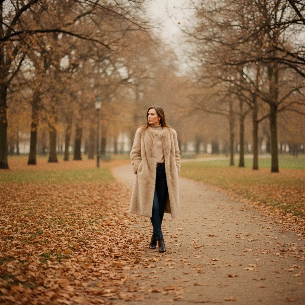 Langer Webpelzmantel in Beige als eleganter Alltagslook
