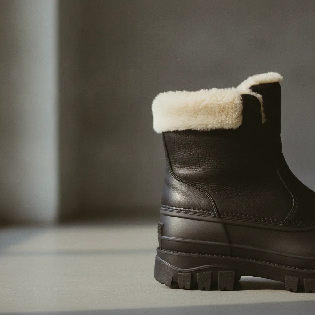 Detailaufnahme eines schwarzen Winterstiefels mit Fellfütterung und Profilsohle