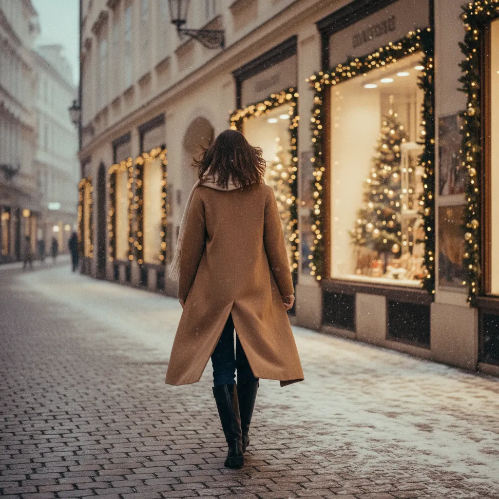 Frau mit schwarzen Winterstiefeln und Wollmantel auf einer verschneiten Wiener Gasse