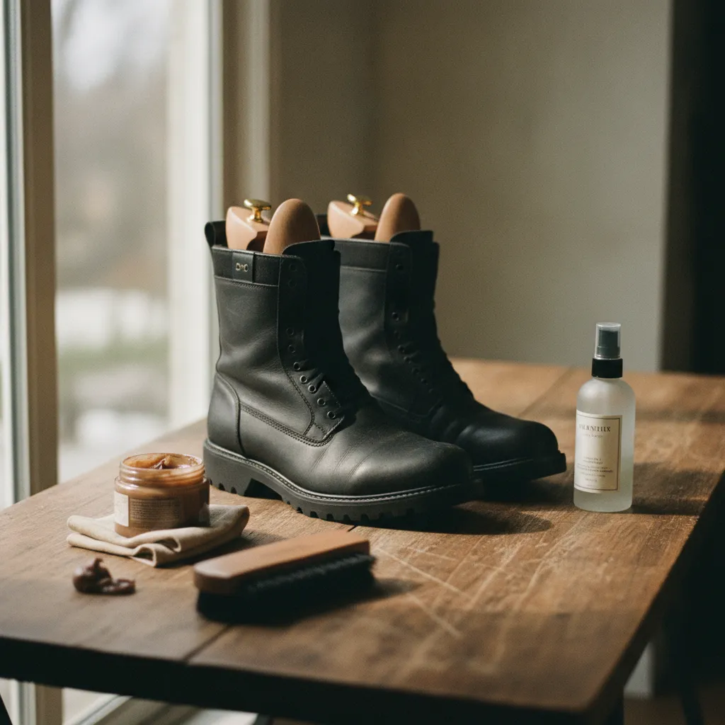 Schwarze Winterstiefel mit Pflegeprodukten auf einem rustikalen Holztisch
