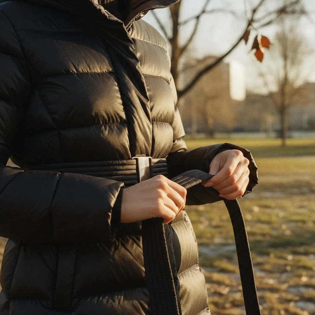 Der Gürtel betont die Taille und gibt der Winterjacke eine klare Linie