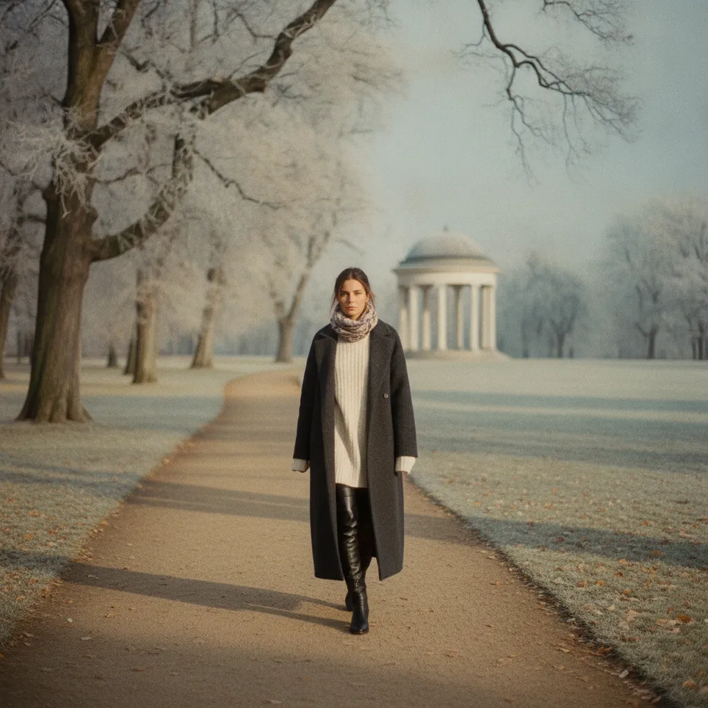 Perfektes Winter-Layering: Oversized Strick unter einem langen Wollmantel für den Spaziergang im Park