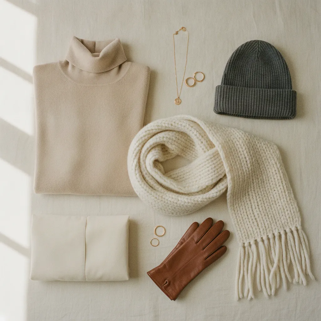 Die fünf unverzichtbaren Winter-Essentials: Kaschmirpullover, Wollschal, Lederhandschuhe, Strickmütze und dezenter Schmuck