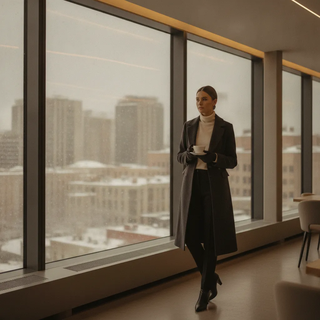Ein komplettes Winter-Outfit für das Büro: Wollmantel, Rollkragenpullover und taillierte Hose in neutralen Tönen