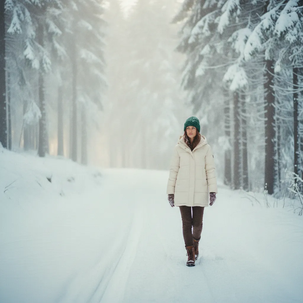 Winterbekleidung für Outdoor-Aktivitäten: Funktionaler Daunenparka und robuste Winterstiefel in der verschneiten Natur