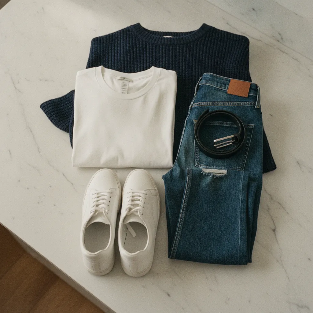 Die wichtigsten Basics auf einen Blick: T-Shirt, Jeans, Gürtel, Sneaker und Strickpullover