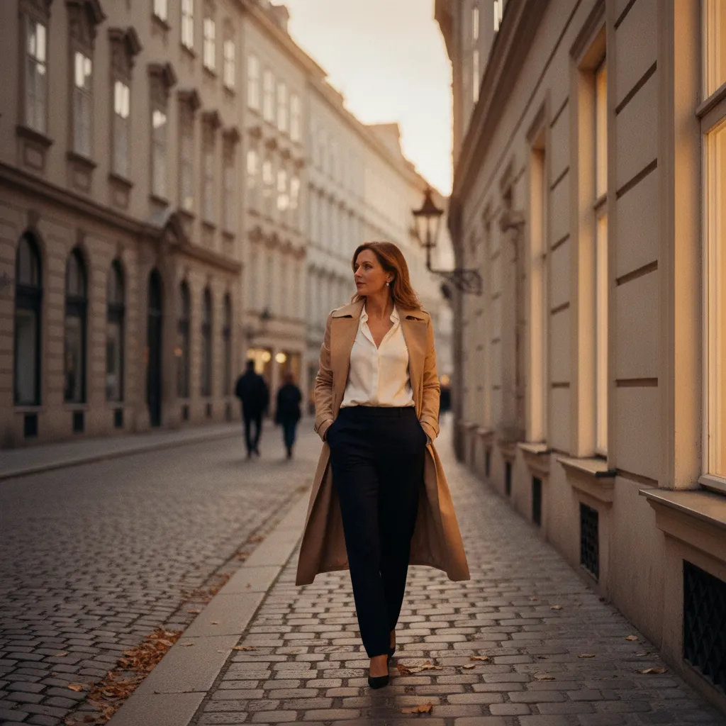 Klassische Basics im Alltag: Weiße Bluse, Stoffhose und Trenchcoat in der Wiener Innenstadt