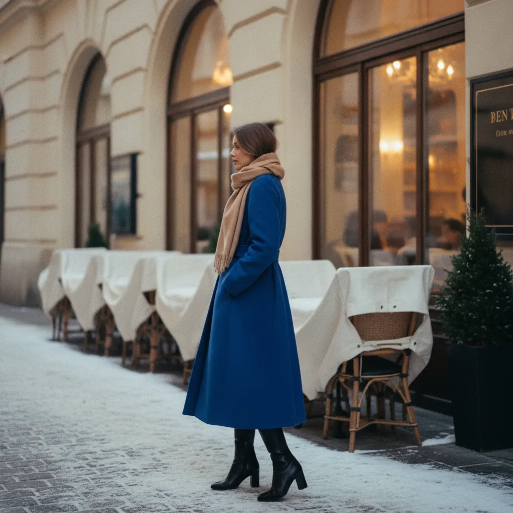 Ein royalblauer Wintermantel kombiniert mit einem Kamelschal vor einem Wiener Kaffeehaus
