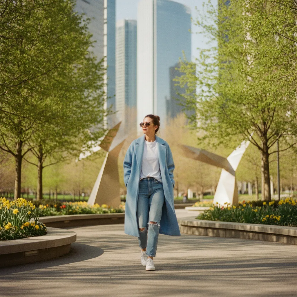 Lässiger Frühlingslook: Ein Oversize-Mantel in Eisblau zu Jeans und weißen Sneakern