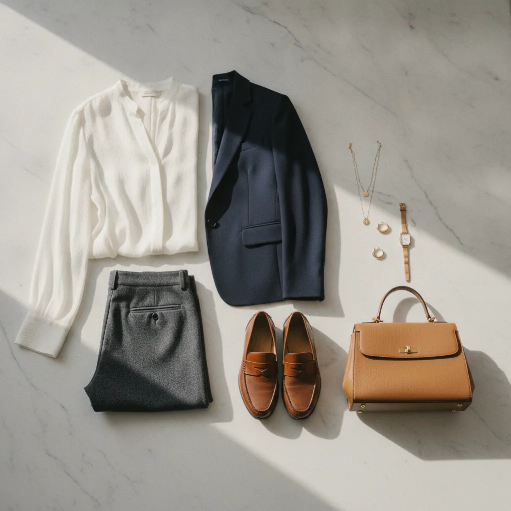 Die wichtigsten Teile einer Business-Casual-Garderobe auf einen Blick: Bluse, Blazer, Stoffhose und Leder-Loafer
