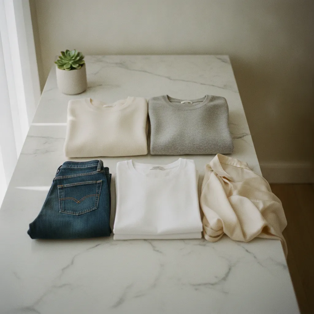 Flat-Lay der wichtigsten Basisteile einer Capsule Wardrobe in harmonischen Neutraltönen