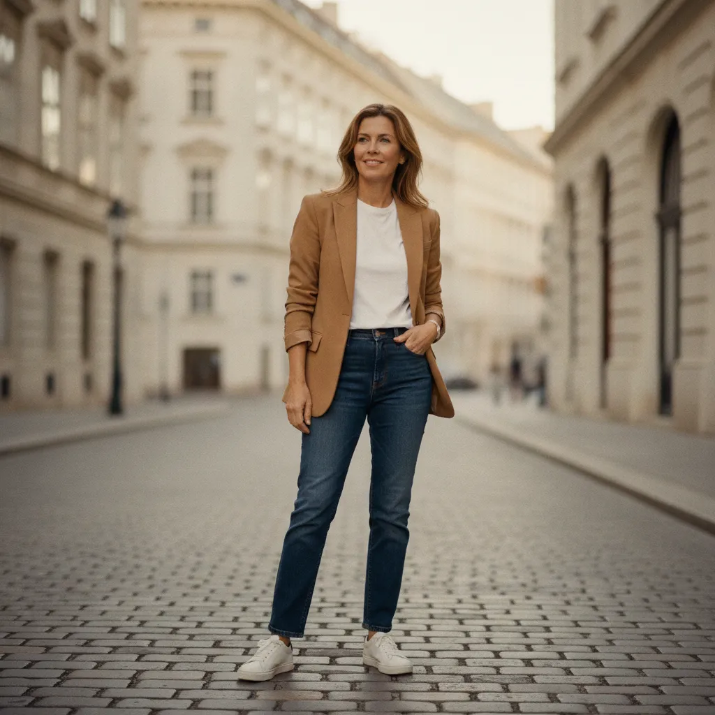 Alltagstaugliches Capsule-Wardrobe-Outfit: Blazer, weißes Shirt und dunkle Jeans in Wien