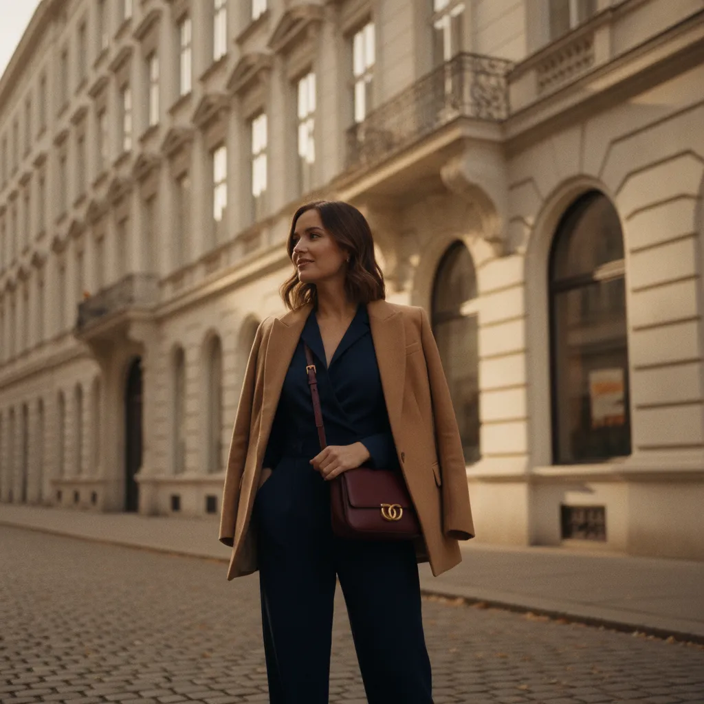 Die 60-30-10-Regel in der Praxis: Marineblau, Camel und Burgunderrot im Herbstoutfit