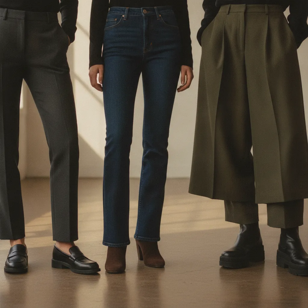 Drei Hosenformen im Vergleich: Gerade, Bootcut und Marlene mit passenden Schuhen