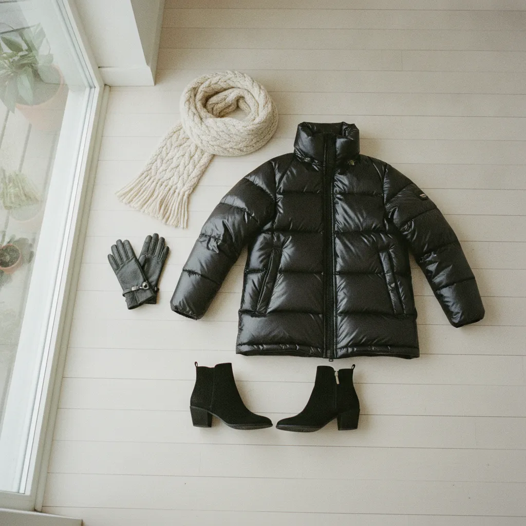 Der glänzende Khujo Wintermantel mit passenden Accessoires im Flat-Lay
