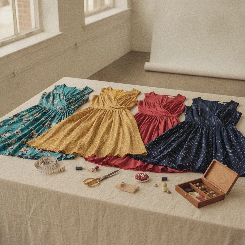 Vier Kleiderschnitte für große Oberweite im Flat-Lay-Vergleich: Wickelkleid, A-Linie, Empire und Fit-and-Flare