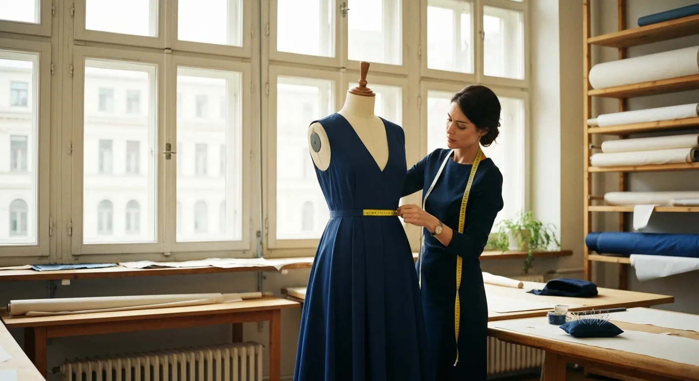 Professionelle Änderungsschneiderei in einem Wiener Atelier mit Maßband und Stecknadeln