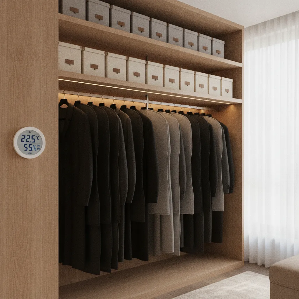 Beschriftete Aufbewahrungsboxen und ein Hygrometer sorgen für optimale Lagerbedingungen im Schrank