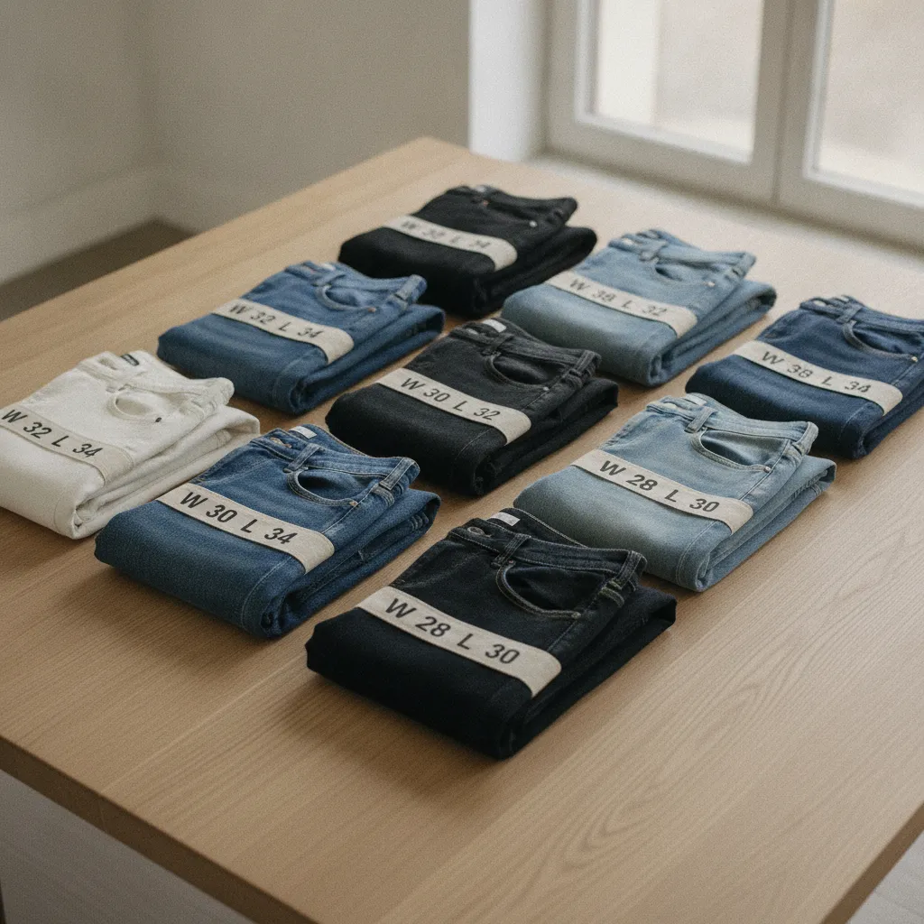 Jeansgrößen mit Waist- und Length-Angaben: W und L stehen für Bundweite und Beinlänge in Zoll