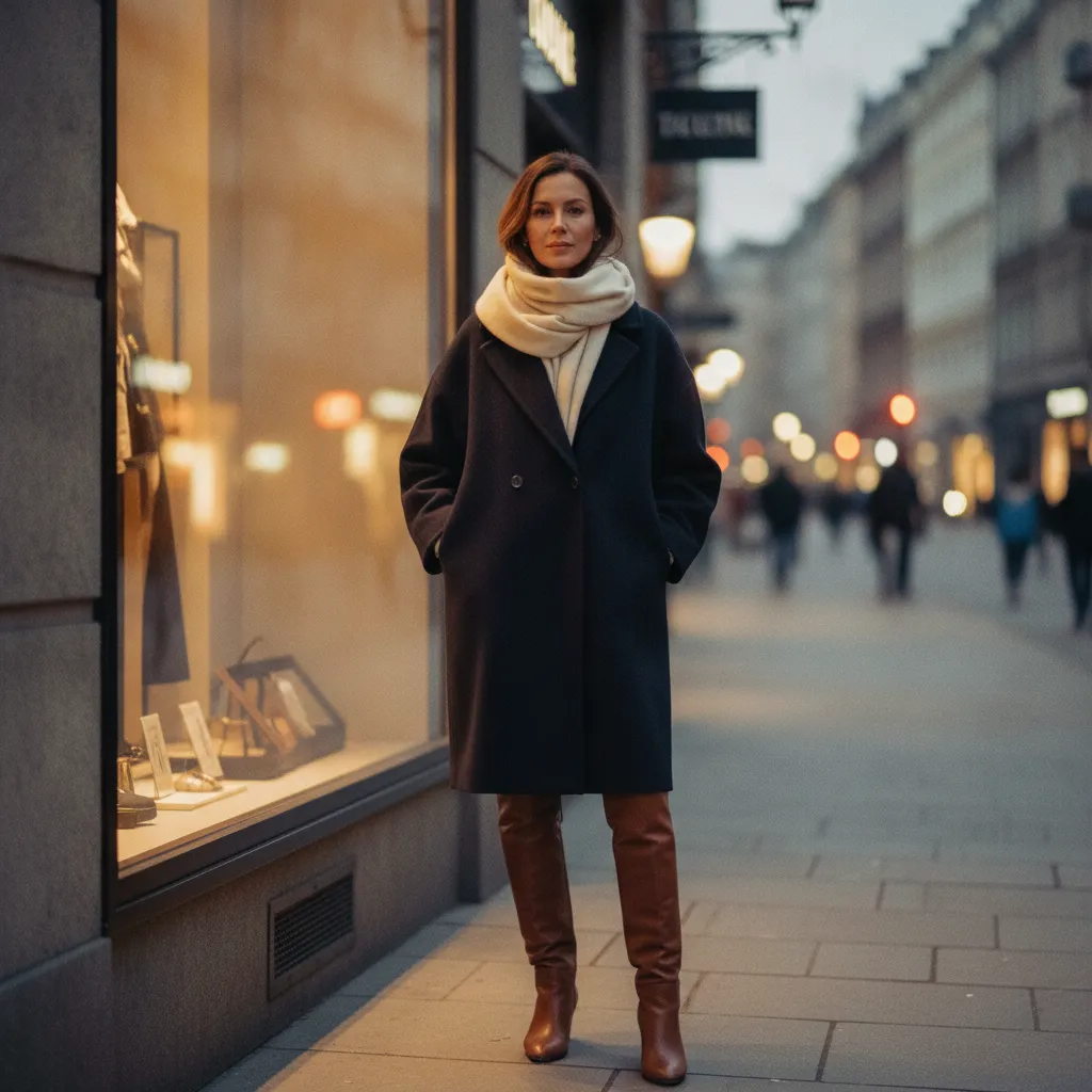 Eleganter Oversize-Wintermantel mit hochwertigen Accessoires gestylt