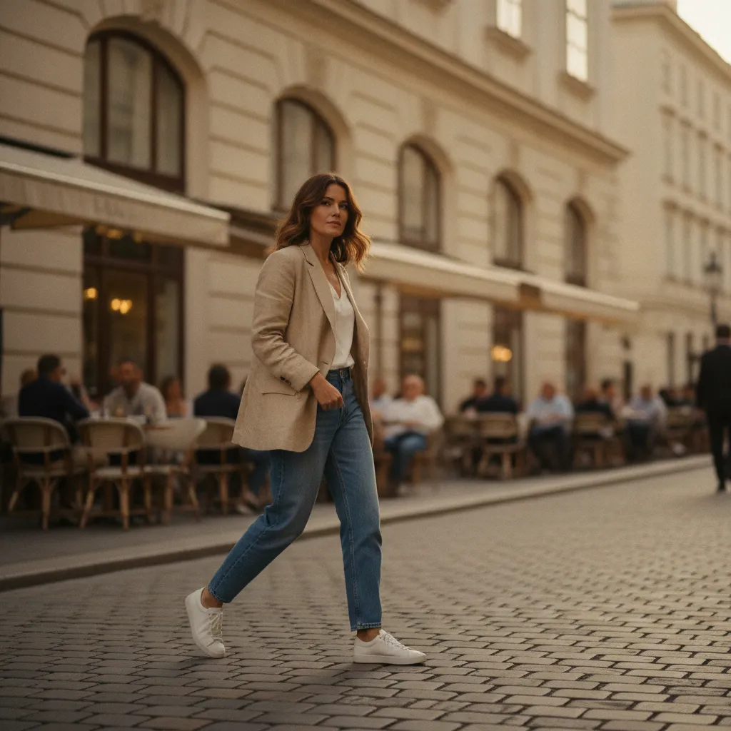 Weiße Sneaker lassen sich vielseitig zu Jeans und Blazer im Alltag kombinieren