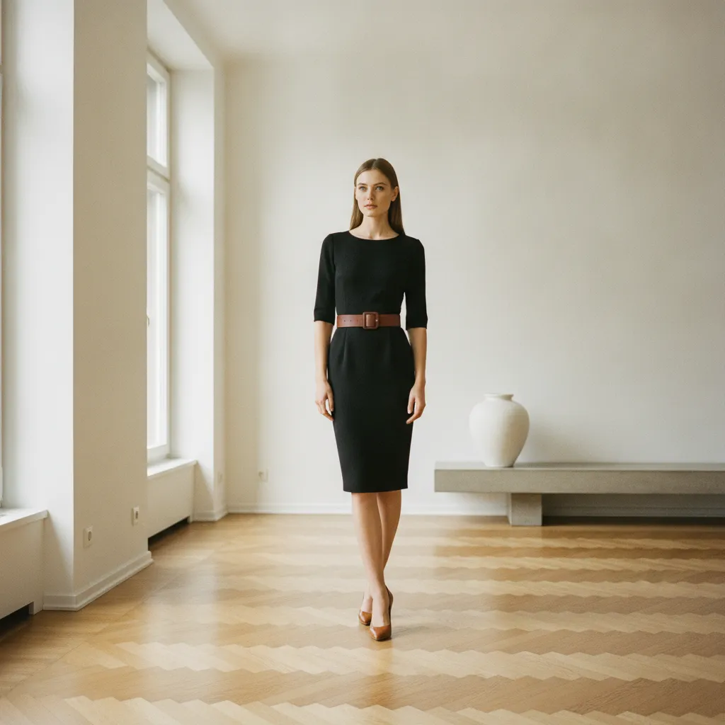 Schwarzes Etuikleid mit braunem Ledergürtel und Cognac-Pumps für den Abend