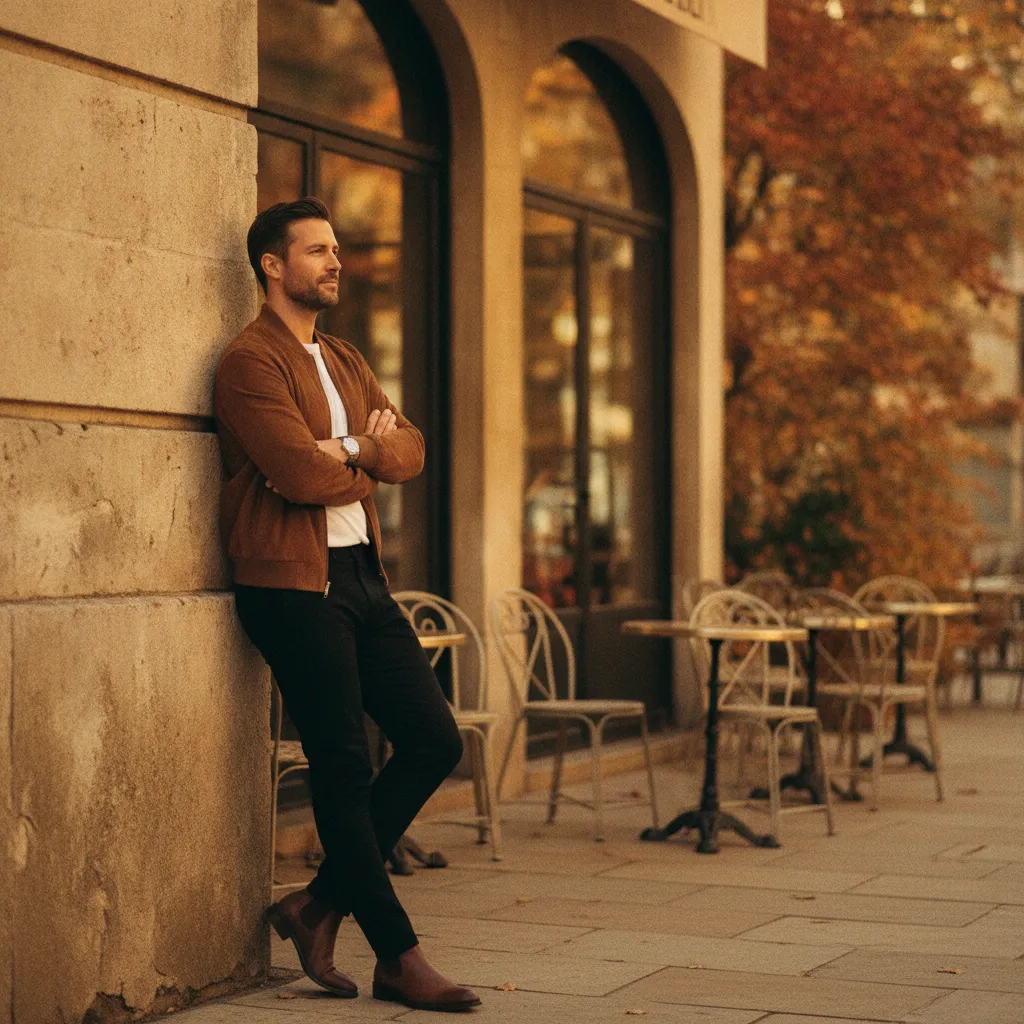 Herren-Look: Schwarze Chinos mit braunem Wildleder-Blouson und Chelsea Boots