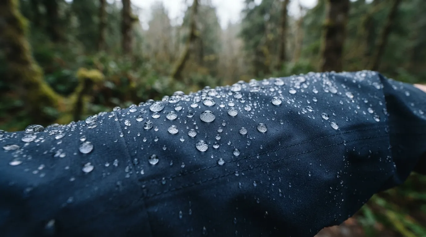Wasserperlen auf einer frisch imprägnierten Regenjacke: die DWR-Beschichtung in Aktion